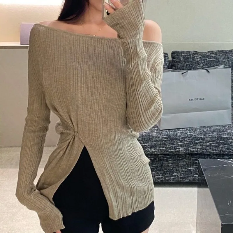 Sexy Off Shoulder Pullover Sweaters Bottom Shirts for Women 2024 Autumn Slim Knitwear Y2k Clothes High Split Jersey Tops Black