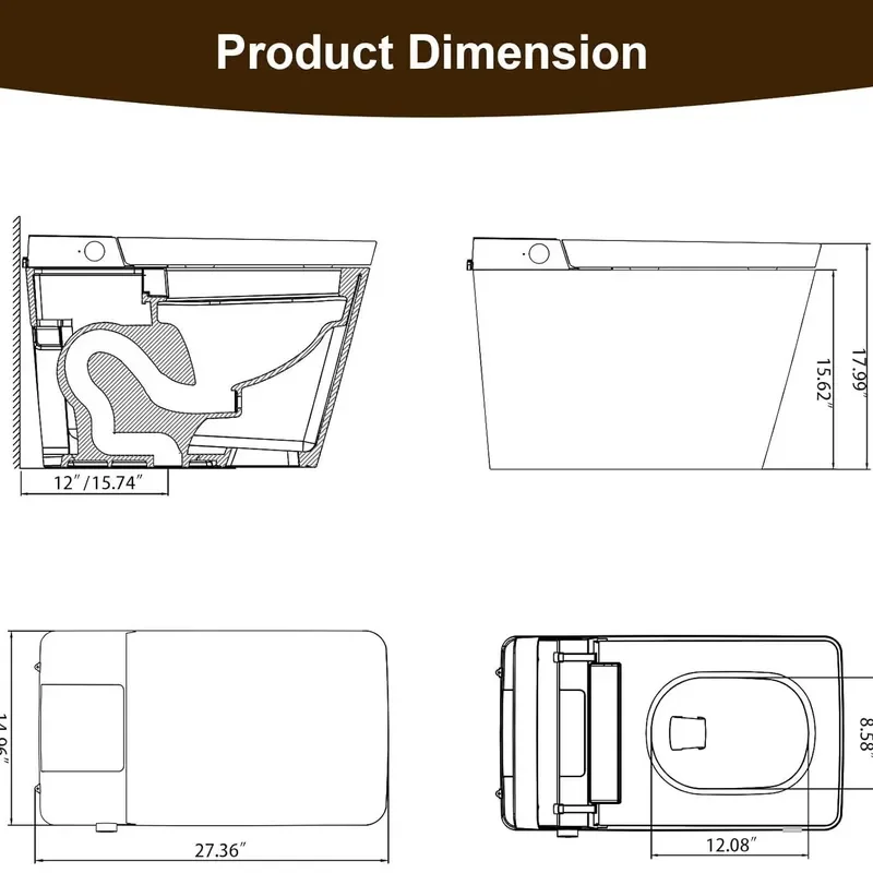 for Black Square Smart Toilet Integrated Automatic Flip Instant Heating Washing Drying Bidet Seat for Small Apartment