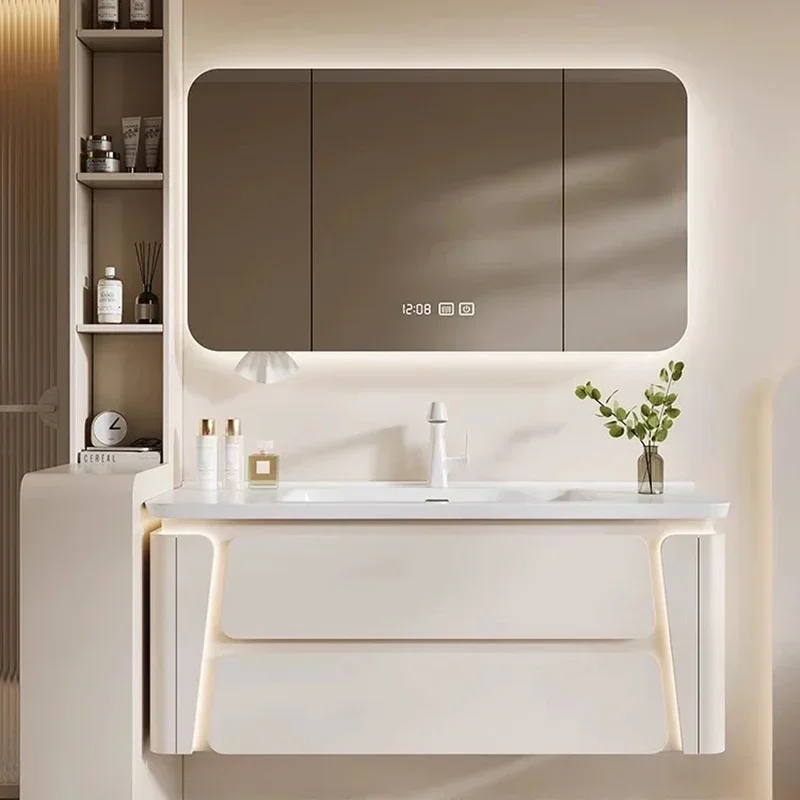 

Шкаф для ванной комнаты в скандинавском кремовом стиле, простая керамическая встроенная раковина, зеркальный шкаф для ванной комнаты, модная мебель Muebles Baño FYBC