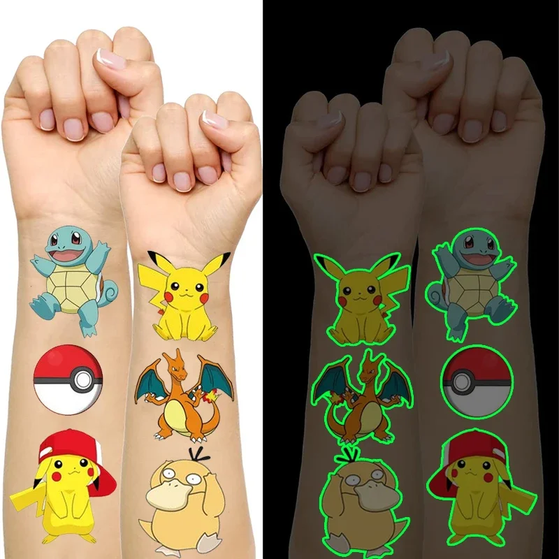 Novo pokemon pikachu brilho no escuro tatuagem adesivos anime dos desenhos animados crianças tatuagem temporária 1 pçs menino menina presente de