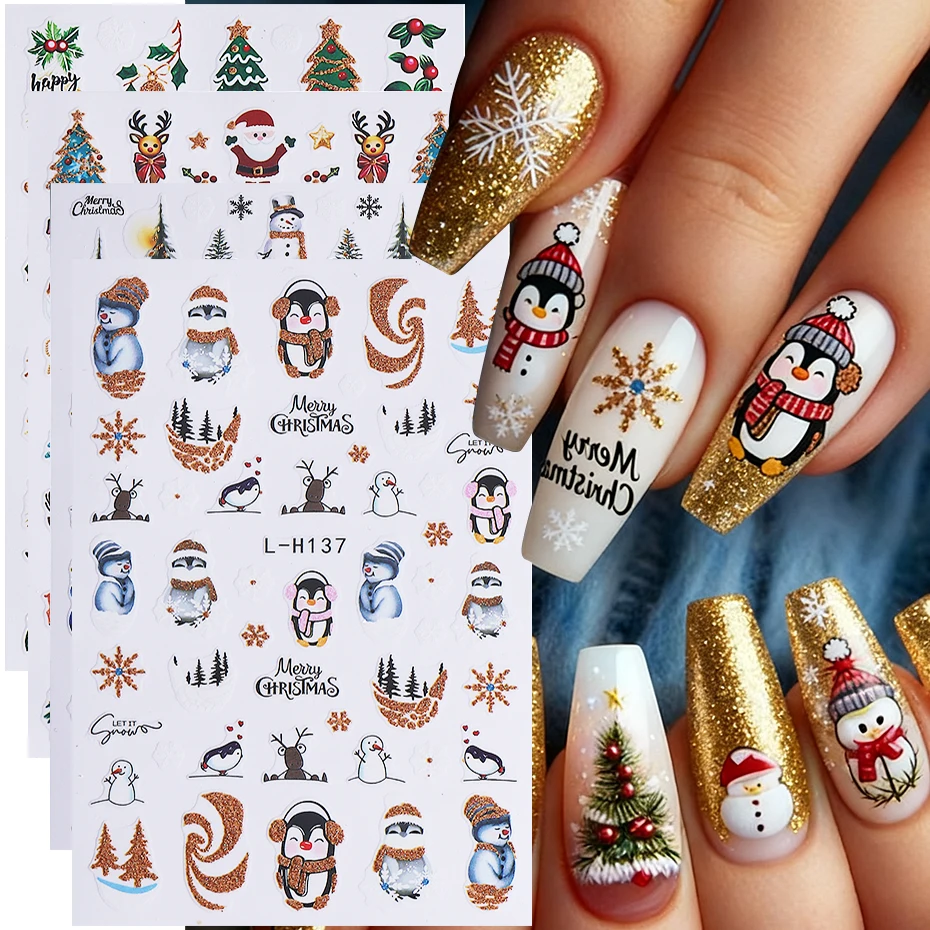 8 stücke Weihnachten Nagel Aufkleber Selbstklebende Rentier Santa Claus Pinguin Weihnachten Baum Holly Nagel Aufkleber Maniküre Dekoration Sliders