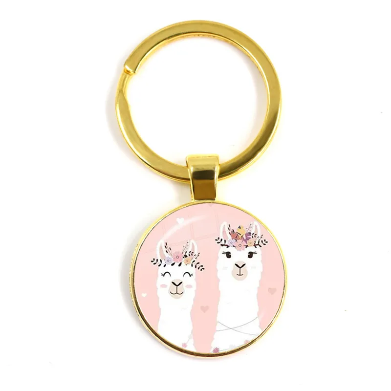 2022 Fashion Animal Lama Alpaca Art Picture Keychain Cute Casual Sheep Glass Cabochon Key Ring Couple Gift