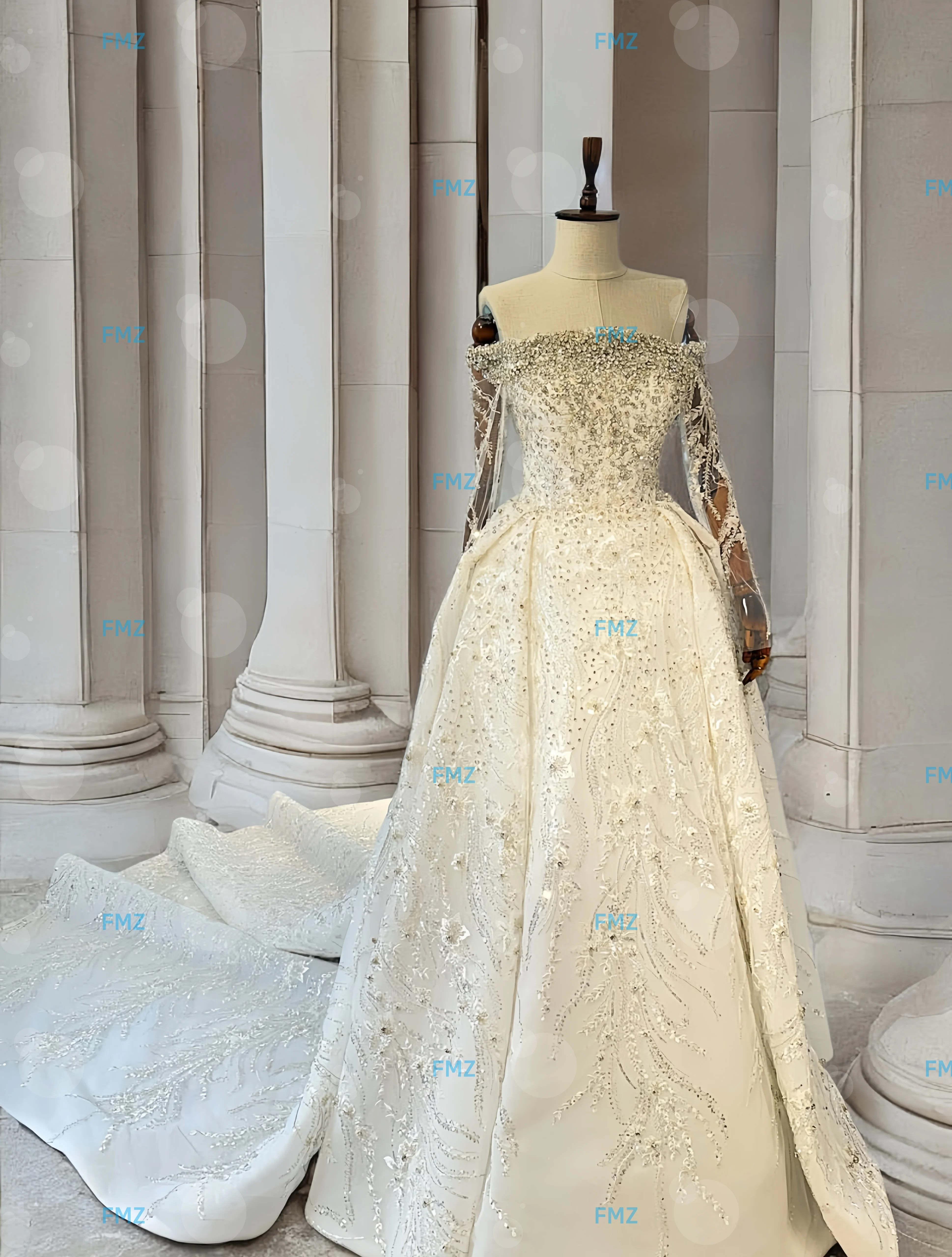 Customzied strapless long sleeves A-LINE beaded wedding dress vestidos de novia amanda novias amanda novias official