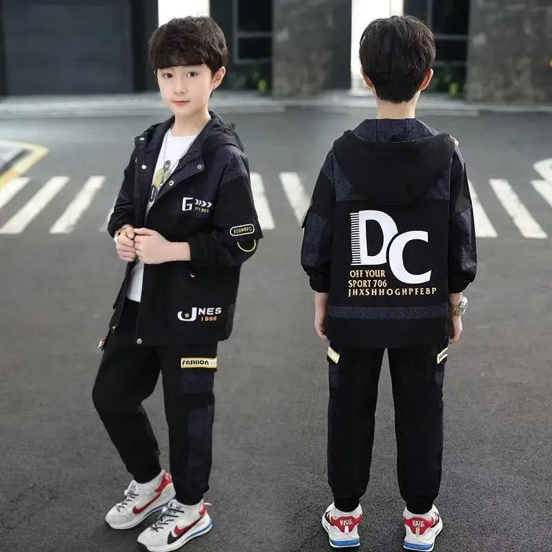 Boys Autumn Set New Spring Cardigan Hooded Letter Zipper Jacket+Work Pants 2PCS Fashion Outfits Children Casual Sport Clothing