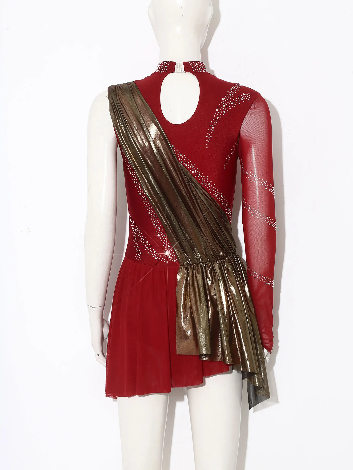 女性フィギュアスケート叙情的なダンスドレスシングルスリーブ光沢のあるメタリックラインストーンメッシュ裾レオタードドレス体操ダンスウェア