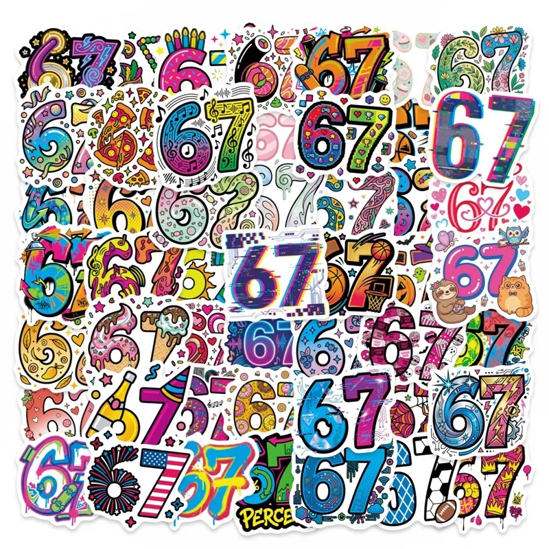 

50PCS Funny Number 67 Colored PVC Sticker Aesthetic DIY Decoration Phone Laptop Luggage Skateboard Graffiti Decals