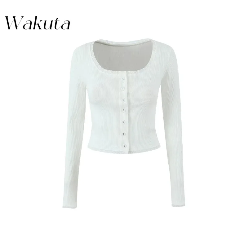 WAKUTA Retro Round Neck Long Sleeved Lace Stitch Knit Sweater Early Autumn Fashion Single Breasted Slim Fit Short Top 여성 반팔 니트