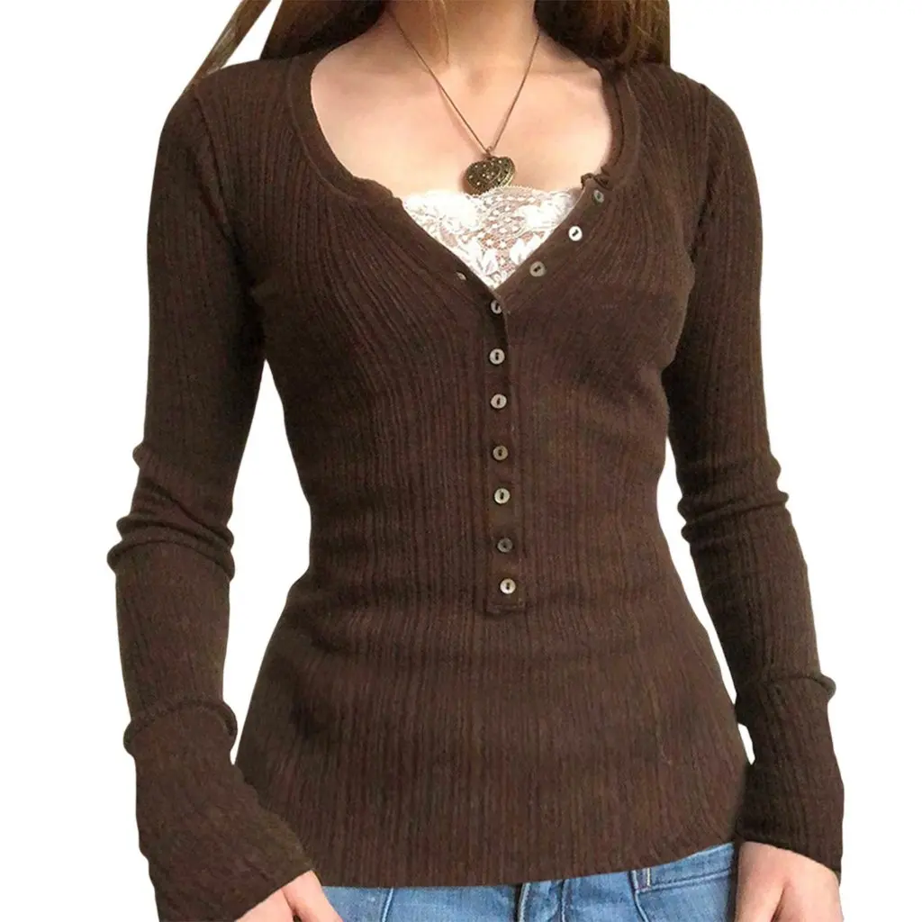 

Women's Slimming Long-Sleeved T-Shirt V-Neck Knitted Top European And American Fashion Autumn Button Detail Whitening Effect