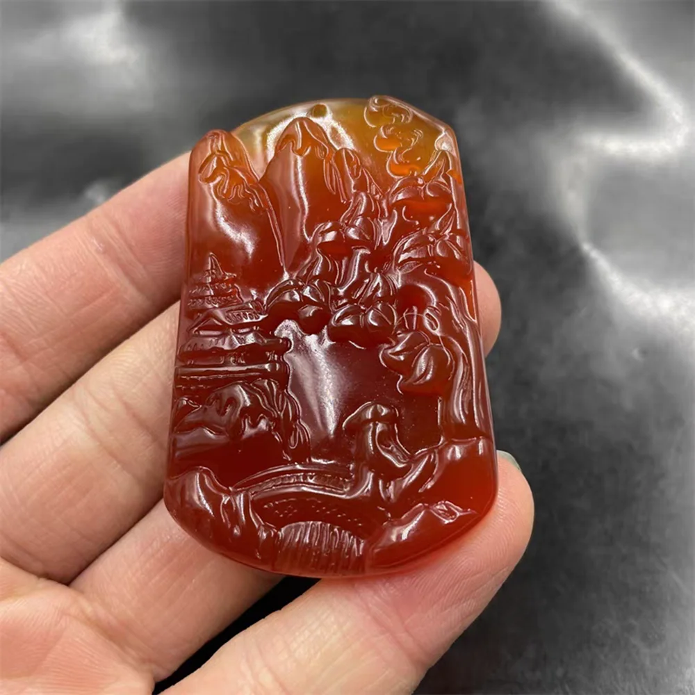 

Beautiful Amulet Home Ornament Red Agate Hangings Pendant Mascot Landscape With Bead Chain