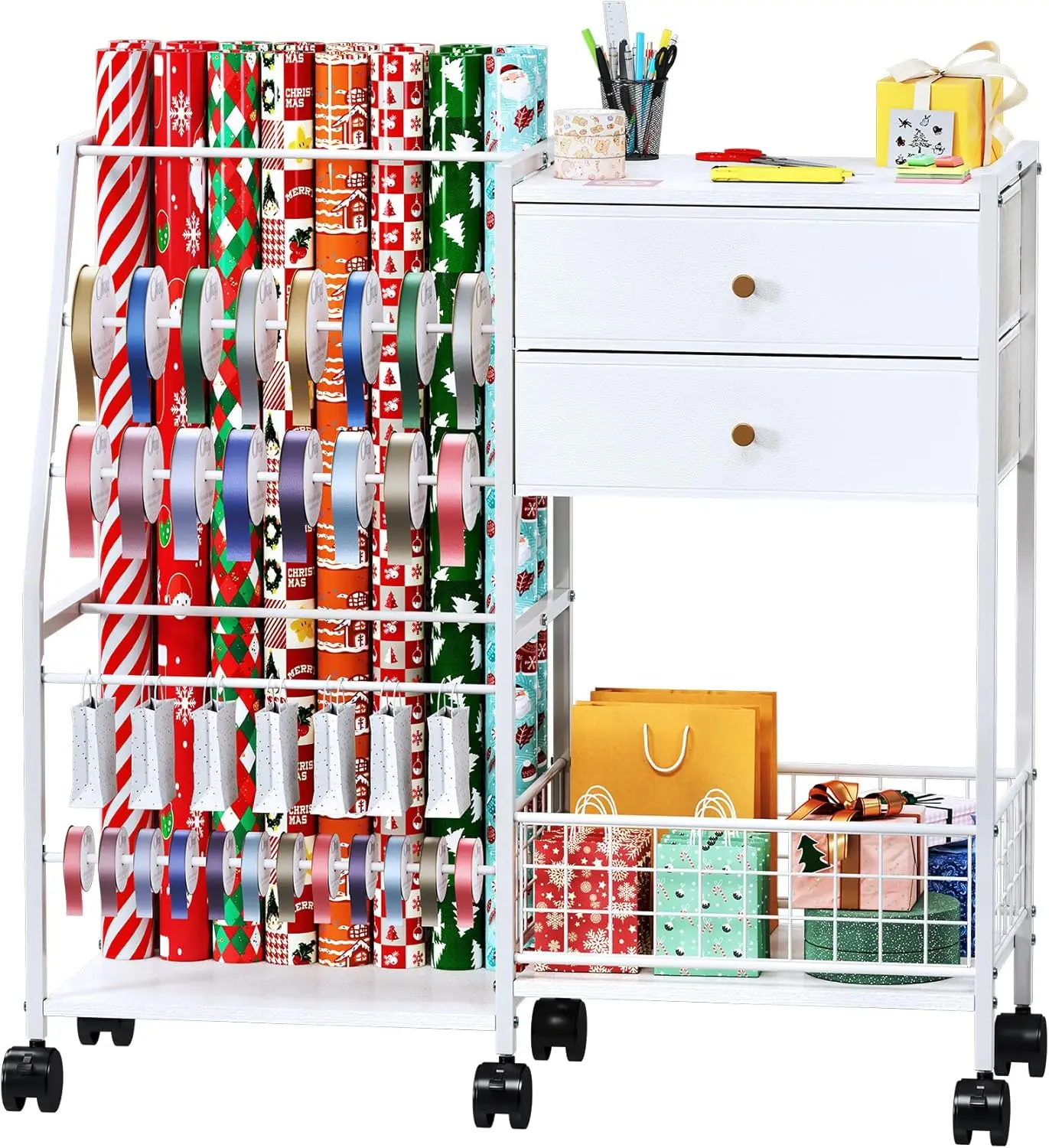 

TC-HOMENY Wrapping Paper Organizer Storage Cart,Ribbon Organizer and Gift Wrap Rack with 2 Large Drawers, Blueprint Poster Holde