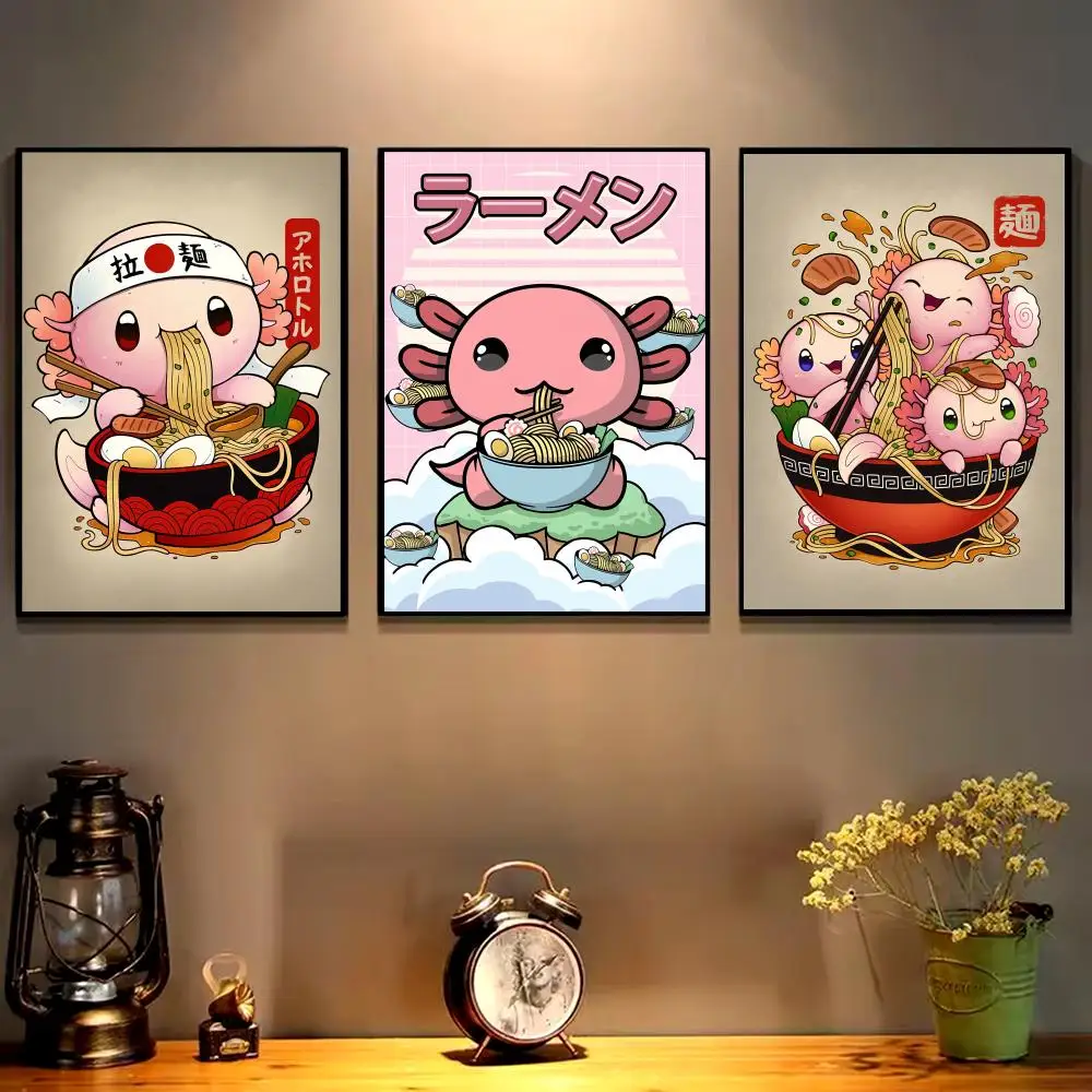 Ramen Axolotls Design Painting Calligraphy Cotton Canvas Wall Art Poster - Aesthetic Painting for Living Room Bedroom Home Decor