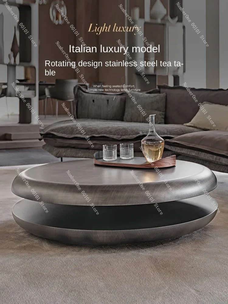 Zf Minimalist Artistic Small Apartment Living Room Creative Stainless Steel Double-Layer Rotating Tea Table