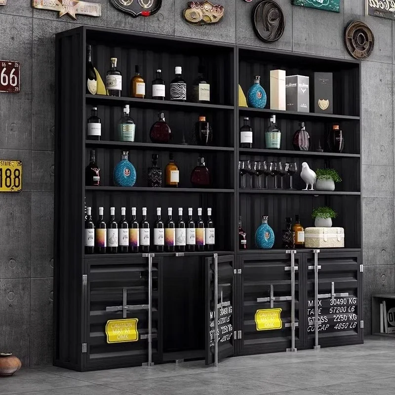 Industrial wine cabinet, container storage display cabinet, wrought iron rack