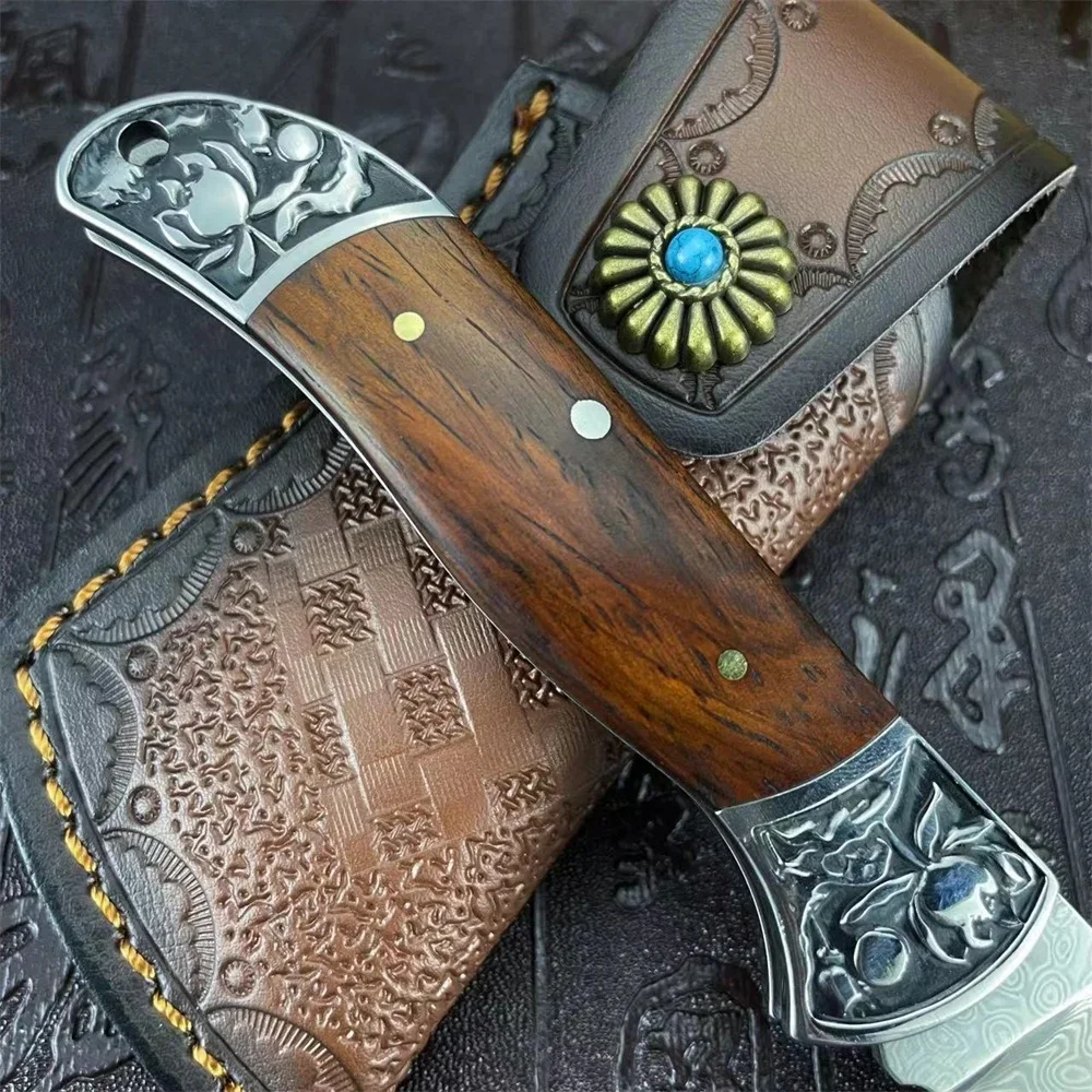 Damascus Steel Blade High Hardness Folding Knife Cedarwood Handle with Cowhide Sheath Outdoor EDC Camping Climbing Tools Gift