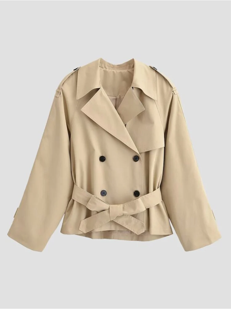 

Женские короткие тренчи 2026 года: модные повседневные однотонные двубортные пальто с поясом, элегантная уличная ветровка