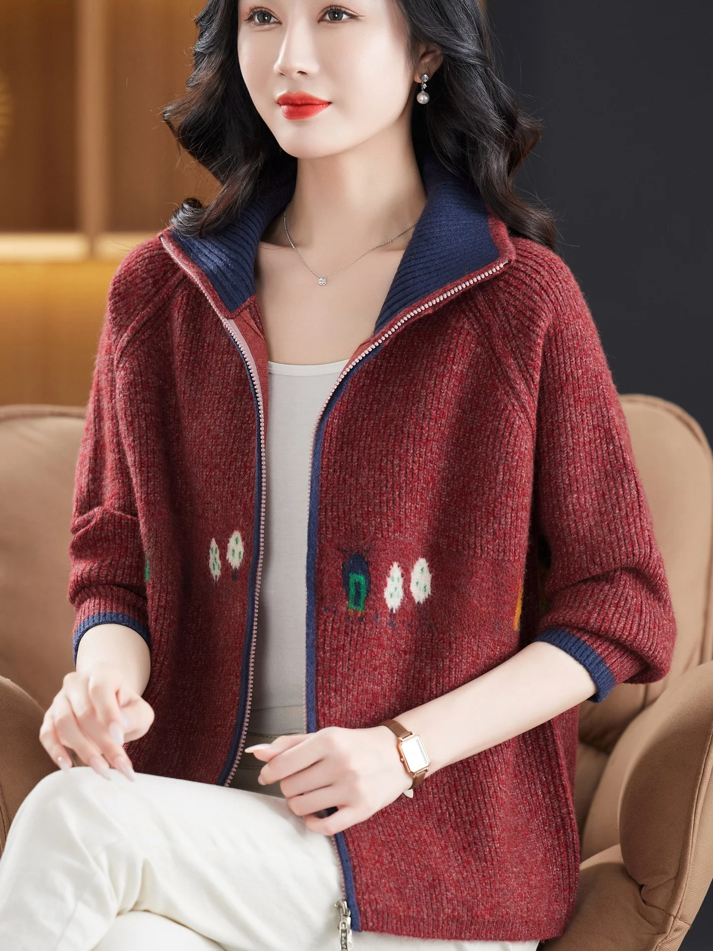 

Faionable Thiened Knitted Woolen Outerwear Loose Top for Middle-Aged Women Autumn Winter New Sle Casual Easy Cleaning