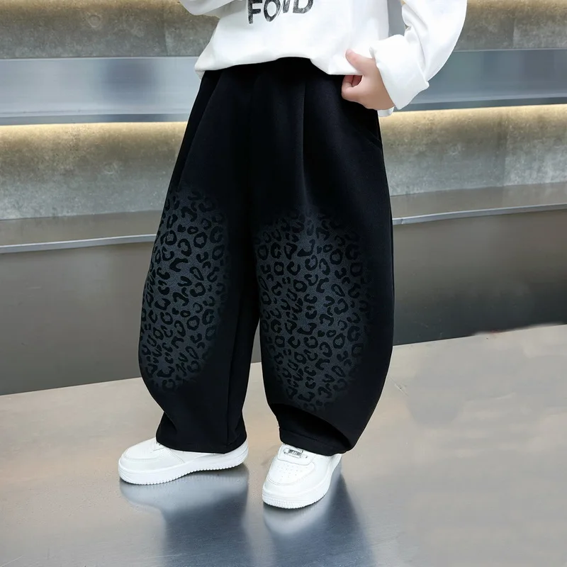 Autumn Kids Pants Casual Boy Pants Cotton Black leopard Print Trousers Children Curved knife Pants for Boys Loose Pants 2-13Year