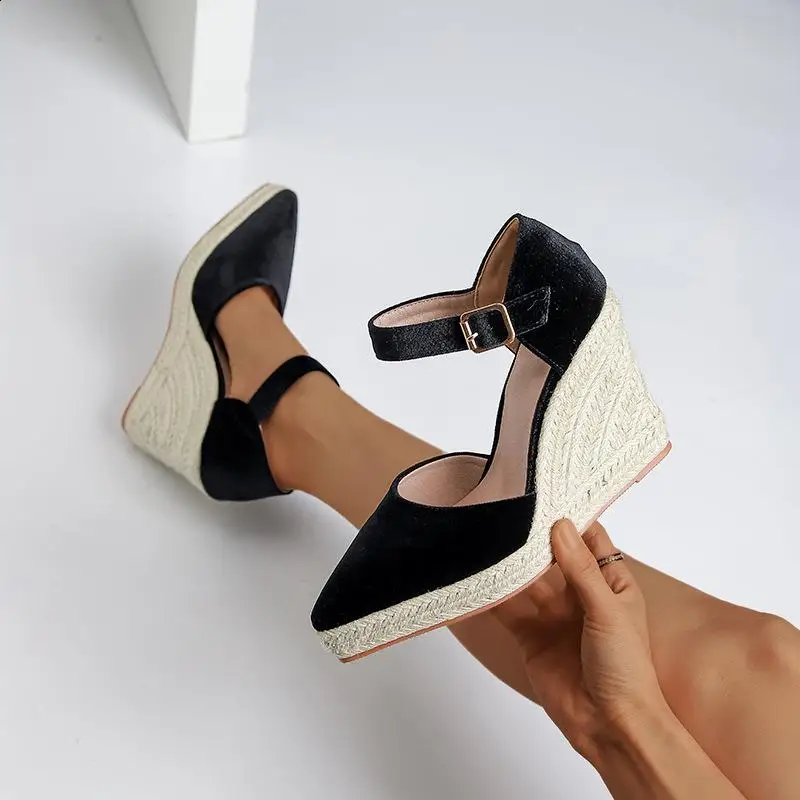 Pointed Heel Sandals Straw Shoes Women Clogs Wedge Large Size Handmade High Fashion Comfort Platform Girls Sexy Thick Big Buckle