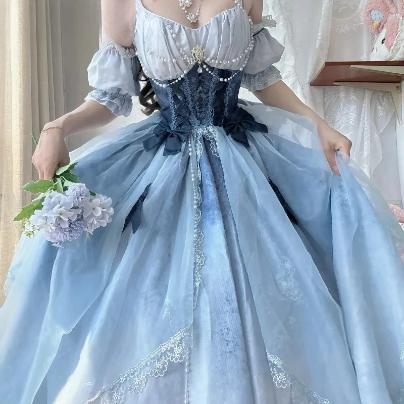 High Waist Slim Fit Blue Lolita Dress - Japanese Sweet Fairy Princess Costume, Long Puffy Evening Gown for Birthday Wedding 2026 view 4