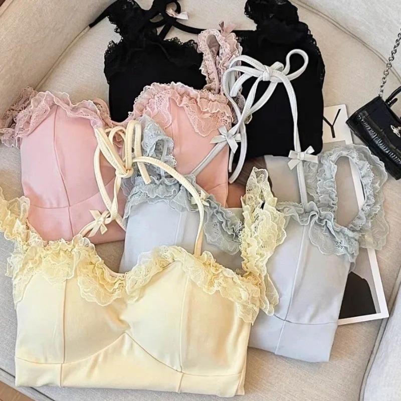 Dopamine Lace Strappy Top for Girls Korean Fashion Convertible Backless Cami Built-in Bra Crisscross Halter Bralette for Summer
