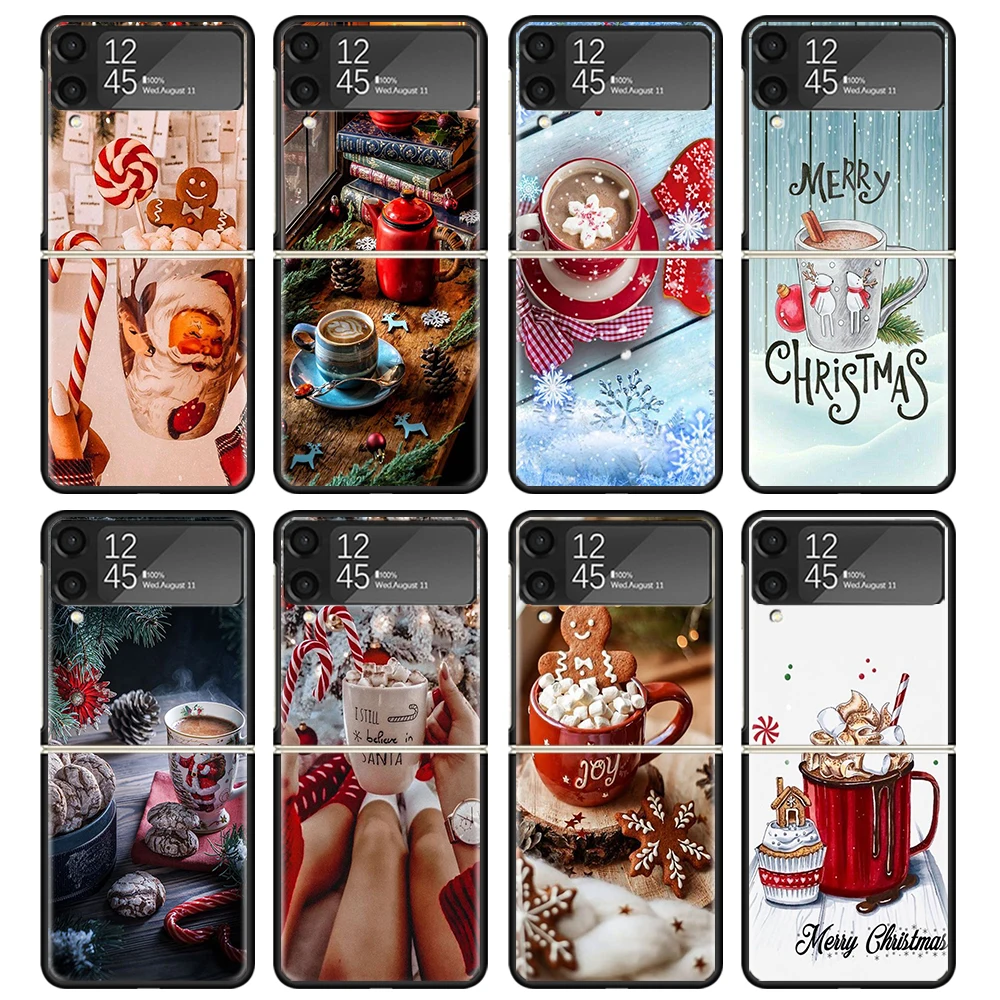 Winter Coffee Christmas Case For Samsung Galaxy Z Flip 4 5 3 z Flip5 Flip4 5G Hard Phone Cover Flip3 Split Folding Black Plastic