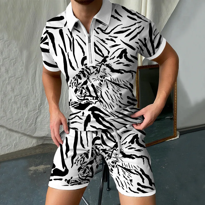 

Leopard 3D Print Men Short Sleeved Polo Shirt Sets Beach Shorts 2 Piece Sets Tracksuit Men's Oversized Outfit Casual Zipper Suit
