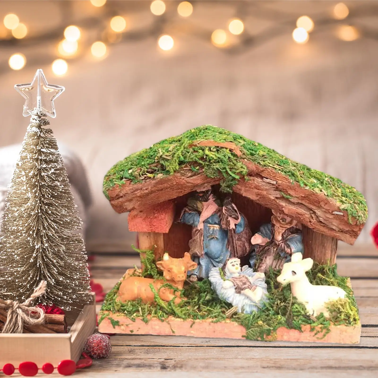 Nativity Manger Scene Ornament Statue Resin Sculpture Crafts Christmas Desktop Decorations for Office Desk Indoor Home Xmas