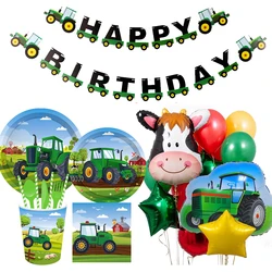 1Set Farm Themed Carton Tractor Vehicle Disposable Tableware Happy Birthday Truck Banners for Boy's Farm Tractor Birthday Decor