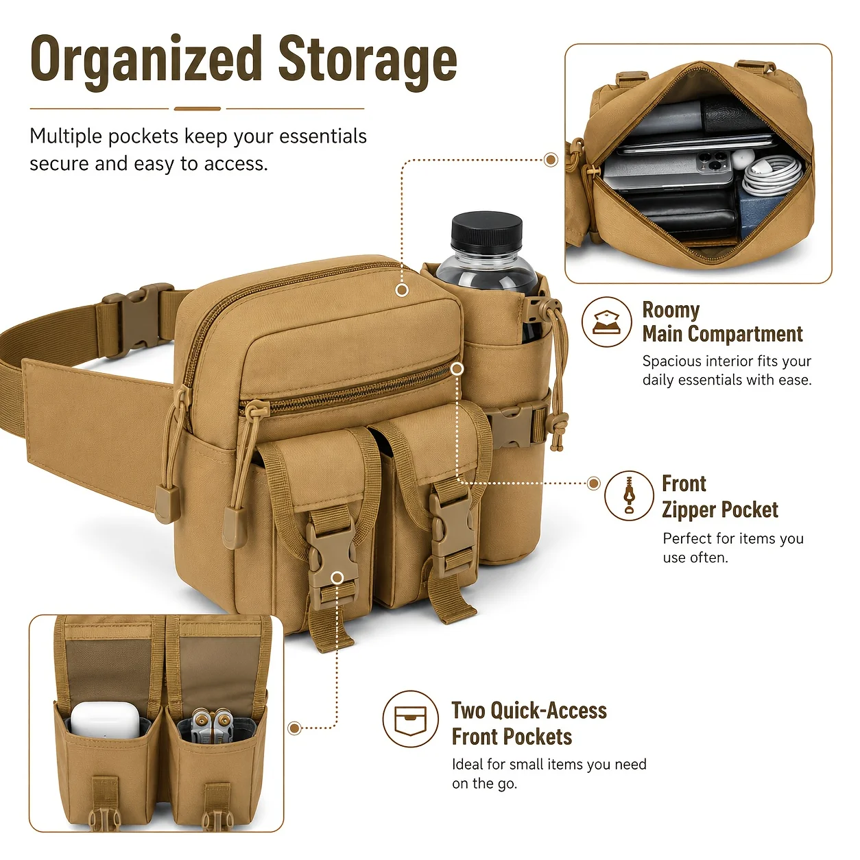 Dual Mode Multi Compartment Tactical Waist Pack Portable Storage Pouch Outdoor Commuting Hiking Running Sports Daily Travel Use
