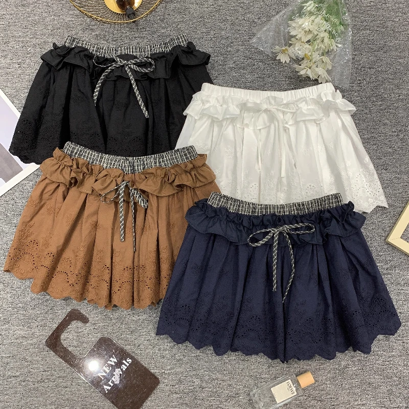 

Women Skirts Embroidered Lace Hollow Out Drawstring Lace-up Vintage Korean Style Summer Commute Versatile High Waist Mini Skirt