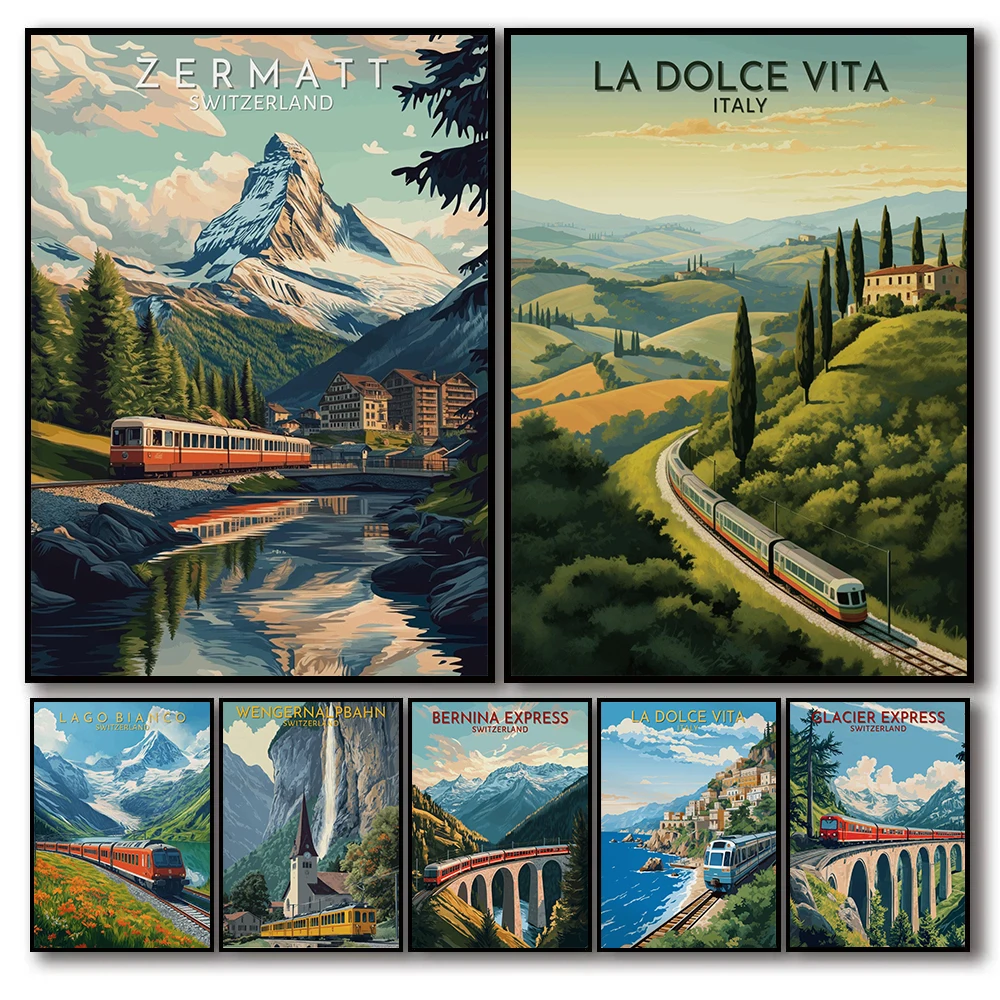 European Railway Landscape La Dolce Vita Coastal Train Switzerland Journey Poster Canvas Painting Wall Art Pictures Home Decor