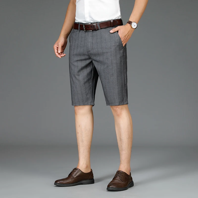 Summer Thin Men\'s Suit Shorts, Fashionable Vertical Striped Business Knee-length Pants, Loose Casual Dark Gray Mid-pants