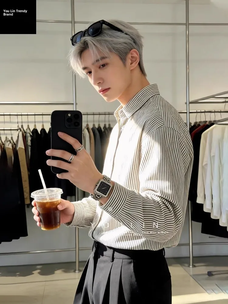 

American Retro Striped Men's Long Sve irt Casual Layering Spring High End Briti Sle Quirky Open Cardigan Coat