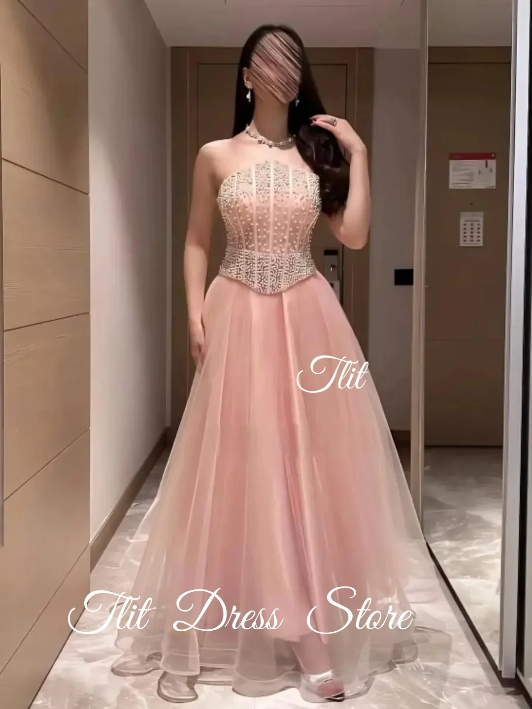 Sukienki wieczorowe TLIT w stylu vintage, w kolorze pudrowego różu, o kroju litery A, z tiulu, szyte na miarę, sukienki na bal, bez ramiączek, zdobione koralikami, perłami, gorsetem.