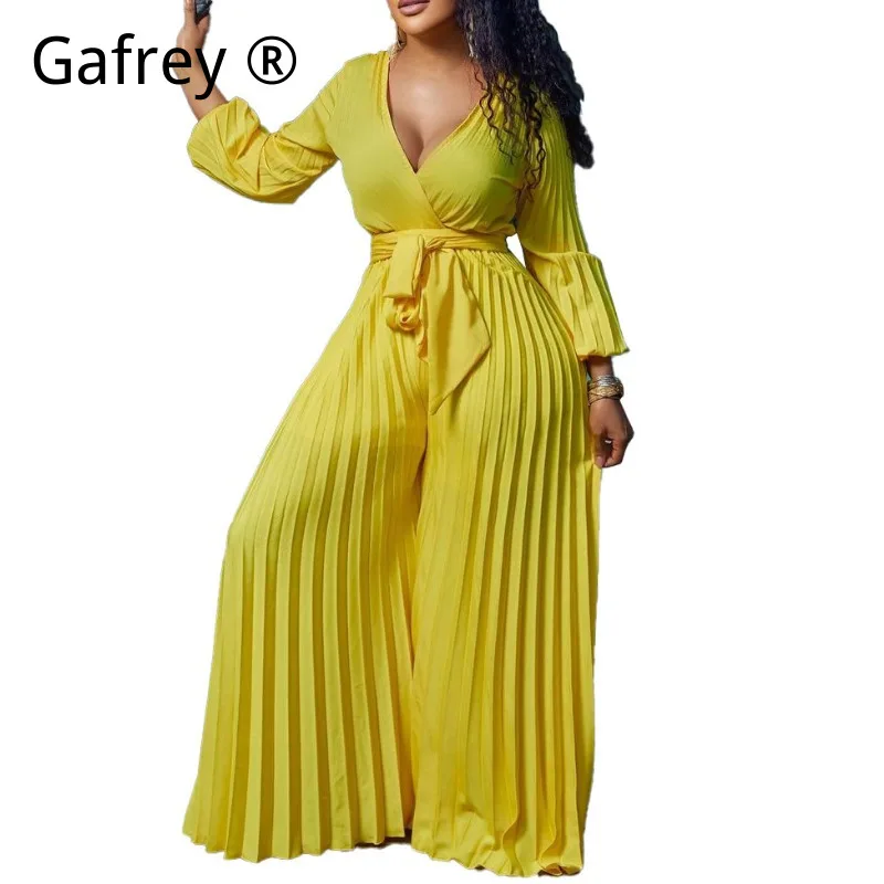 

Plus Size V-Neck Wide Leg Jumpsuit 2026 New Arrival Pleated Belted Sexy Loose Fit Casual Summer Long Playsuit for Women