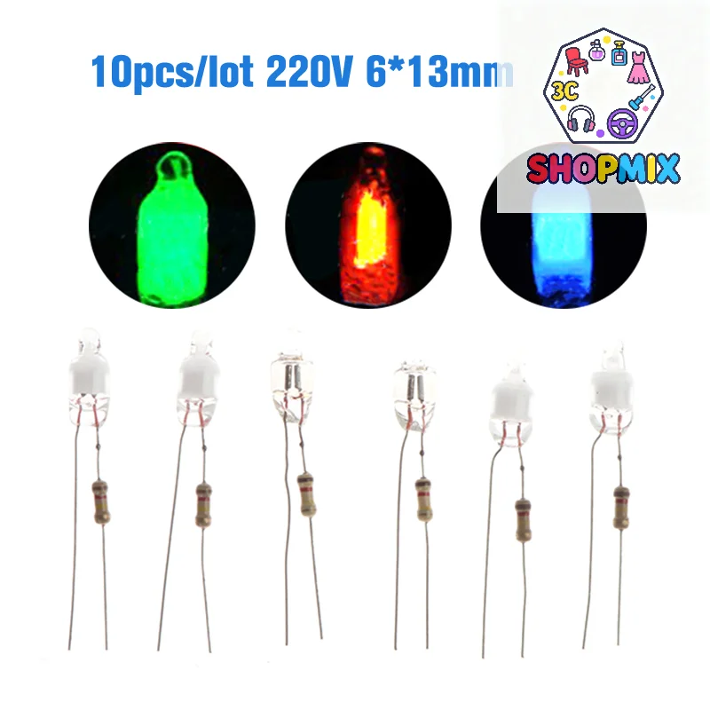 10Pcs Neon Indicator Light Green Red Blue Signs 6mm Neon Lamp Glow 2 Copper Wire 6X13mm Neon Indicator Bulbs