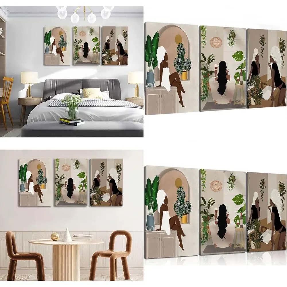 

3 Piece Black Female Boho Artwork - African American Abstract Canvas for Home & Bathroom Decor
