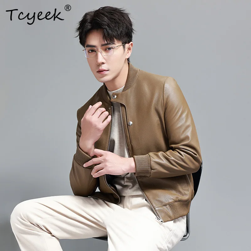 Tcyeek Natural Goatskin Real Leather Jacket Men Clothing Baseball Coat Spring Autumn Mens Coats Trendy Short Jaqueta De Couro
