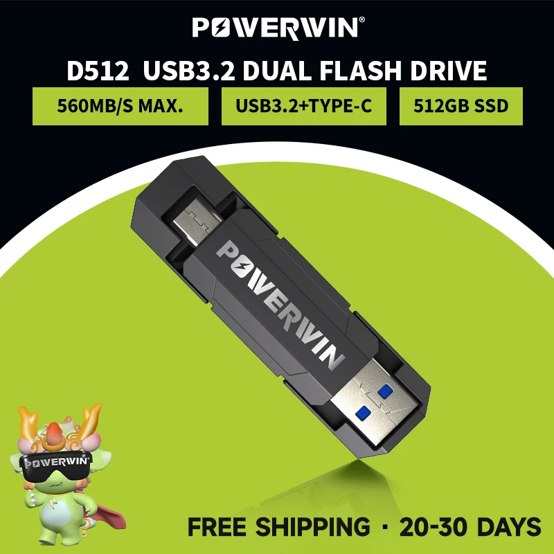 POWERWIN D512 2-In-1 SSD Dual Flash Drive 512GB USB 560MB/s Type C+ USB A 3.2 Gen1 for iPhone 15, Android, Tablet, Windows MacOS