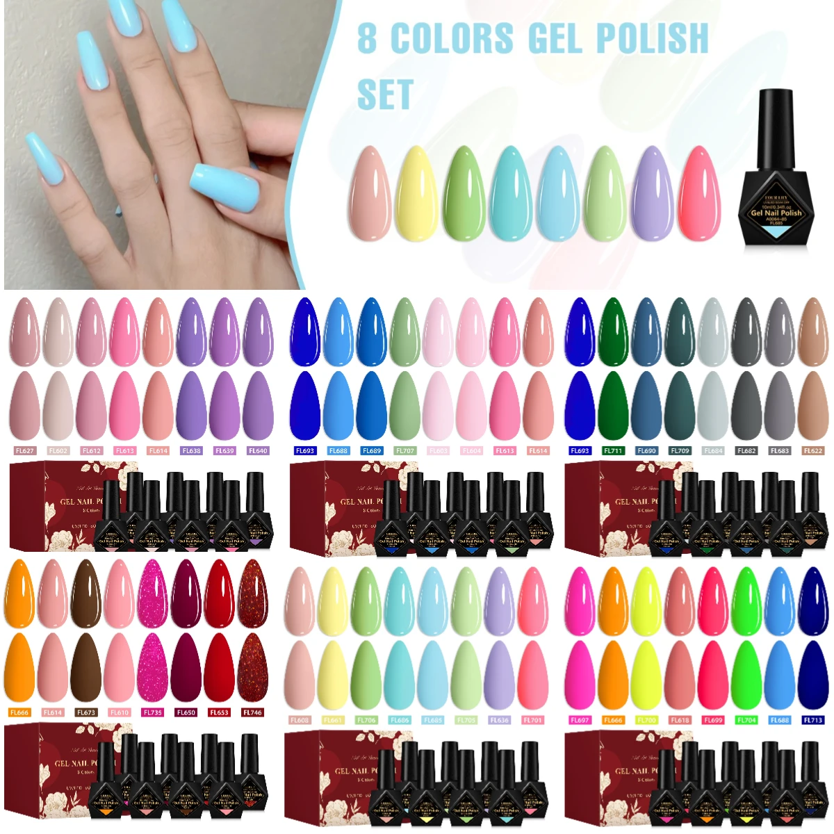 

8PCS FOUR LILY Macaron Гель-лак для ногтей Набор полуперманентных УФ-светодиодных лаков для дизайна ногтей Soak Off Набор лаков для маникюра