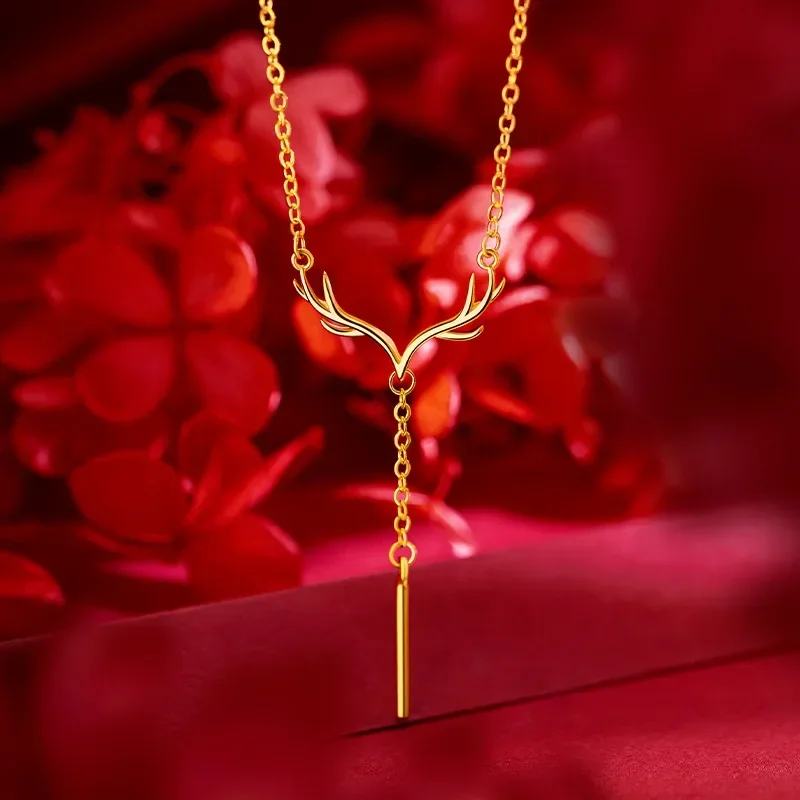 

9999 real gold 24K yellow gold Antlers Tassel Necklace Christmas Deer Have You Lady Fawn Ear Clavicle Chain