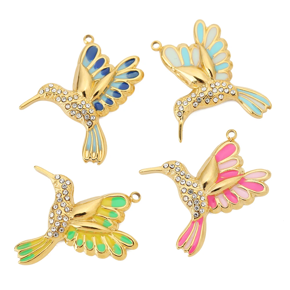 5pcs Stainless Steel Fly Bird Pendants Solid Enamel Cute Animal Necklaces Charms DIY Jewelry Gifts Findings Making