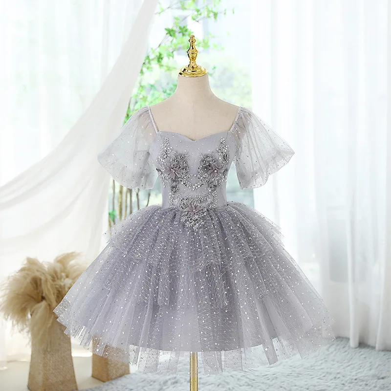 Vestidos De quinceañera cortos De tul personalizados con manga abombada, vestidos De baile clásicos con apliques De encaje dulce, nuevo Vestido gris De Debutante