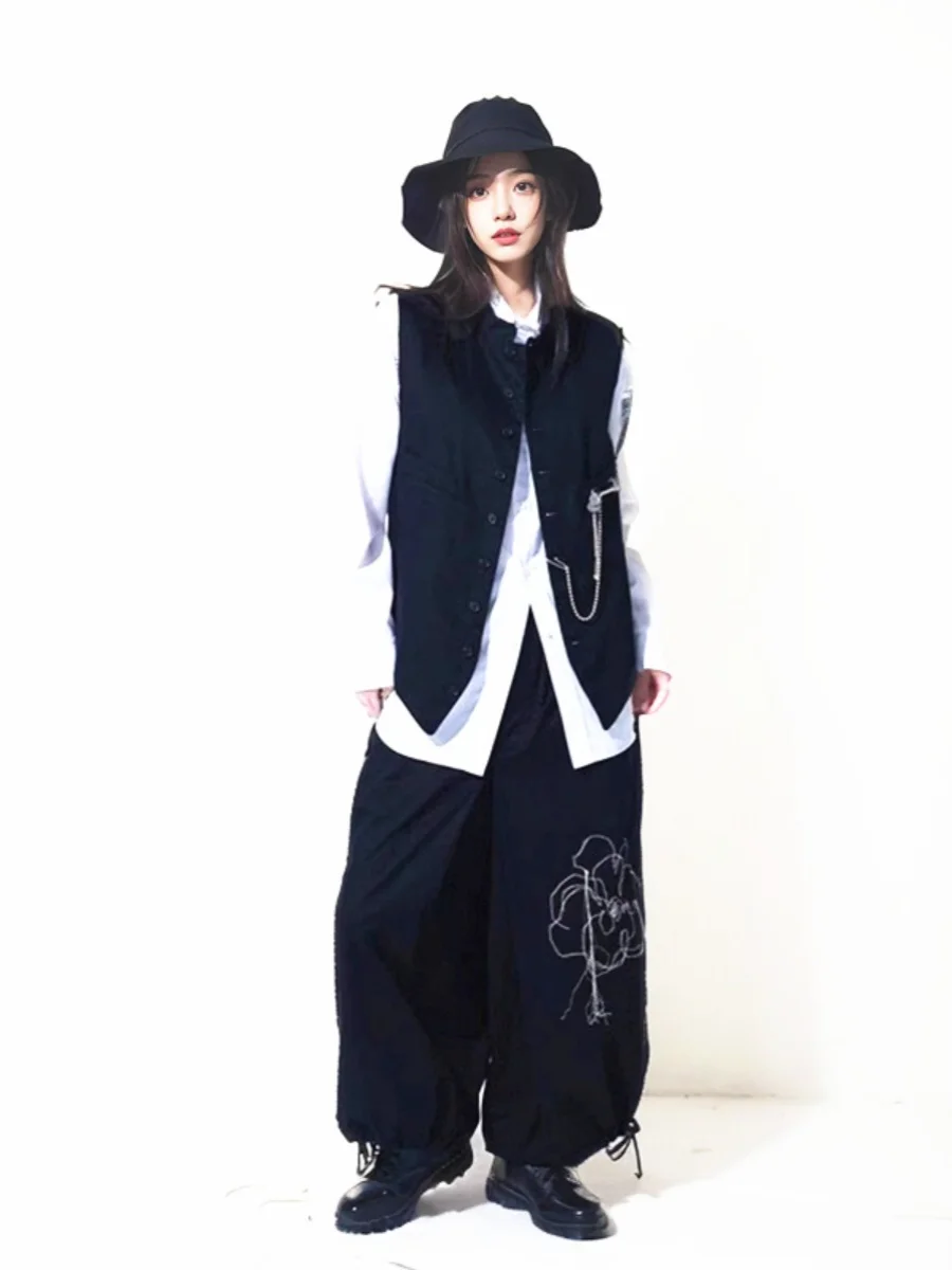 YAMAMOTO-Style Shirt 2024 HighQuality Peony Flower Tassel Embroidery Loose Casual Pants Fashion Drawstring Pants