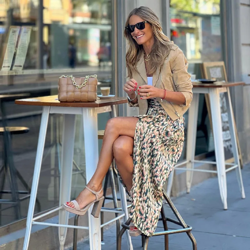 Vintage Skirt Two Piece Sets for Women Elegant Suede Motor Zipper Bomber Jacket Print Flowy Slit Maxi Skirt Set Autumn Outfits