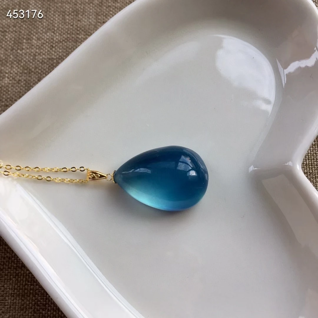 Natural Blue Aquamarine Quartz Pendant 22/14.8/97mm Brazil Jewelry 18K Gold Deep Blue Aquamarine Oval Necklace AAAAA