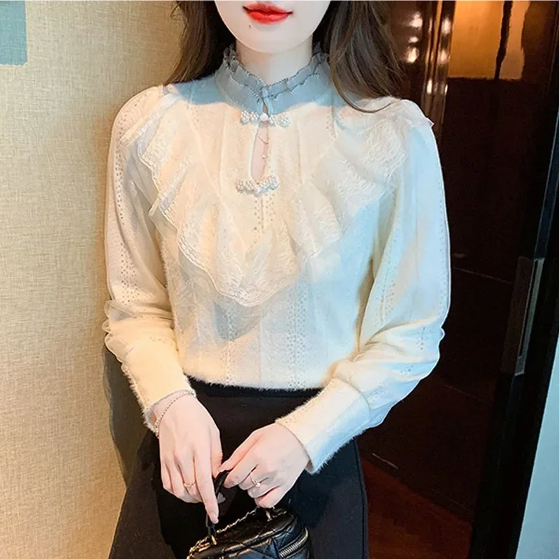 Fashion Ruffled Lace Women Blouse Adding Velvet Thickening Ruffles Long Sleeve Blouse Shirt Women Tops Camisas Blusa Blusas M609