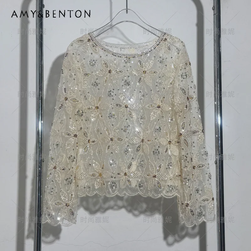 

New Luxurious Sequin Floral Lace Shirt Ladies Long Sleeves O-Neck Slim Fit Blusas Elegant Romantic Beaded Top Blouse Y2k Clothes