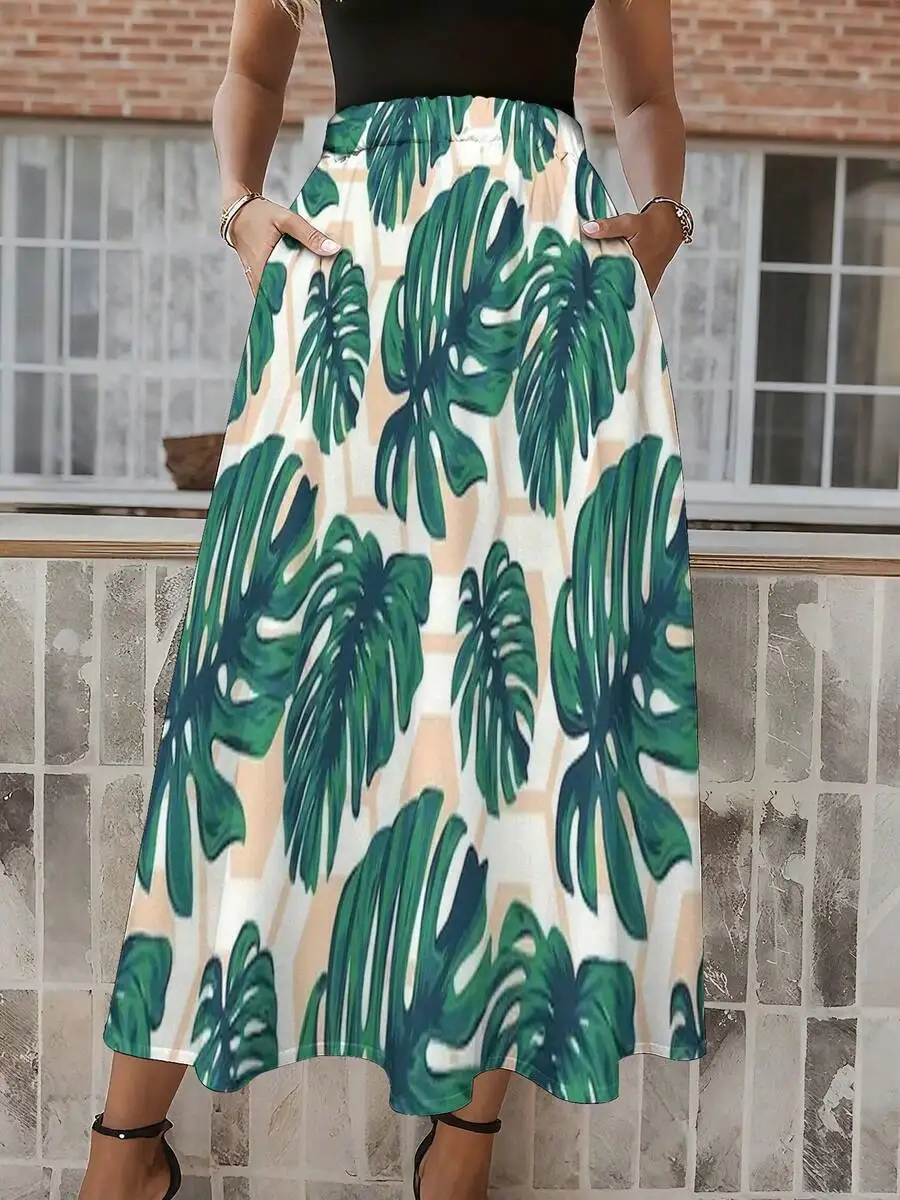 

High Waist A-Line Midi Skirt With Elastic Waist And Pockets Tropical Leaf Print Casual Style For Women