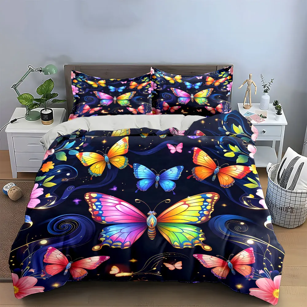 

Magical Butterfly Bedding Set, Colorful Butterflies on Dark Starry Background Print Duvet Cover + 2 Pillowcases, Fantasy Decor